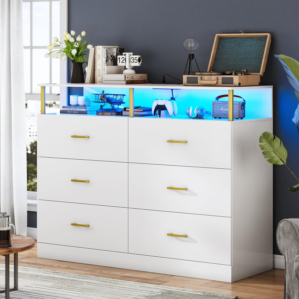 AOGLLATI White Dresser for Bedroom with Column Design, Charging Station, Modern 6 Drawer Wide Led Dresser for Bedroom,White AOGLLATI