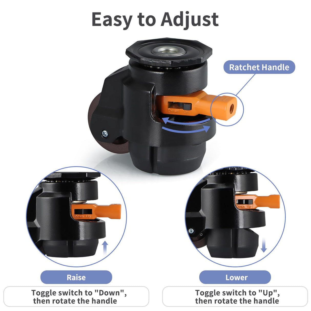 MOLIGOU Leveling Stem Casters, Retractable Leveling Casters with Ratchet Handle, Heavy Duty Workbench Casters, Total Load Capacity 2200 Lbs, 4 Pack MOLIGOU