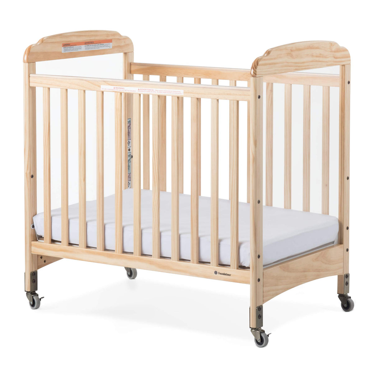 Foundations Serenity Compact Clearview Daycare Crib, Fixed Side, Durable Wood Construction, Adjustable Mattress Board, Clear End Panels. Includes 3” InfaPure Foam Mattress (Natural) Foundations