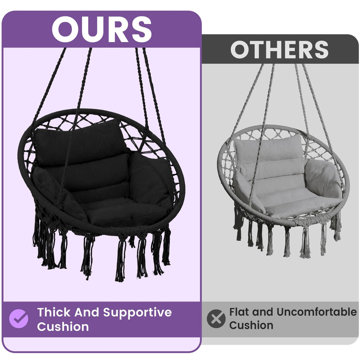 KROFEM Macrame Hammock Hanging Swinging Chair with Medium Cushion, Perfect for Bedroom, Porch, Adults, Balcony, Black KROFEM