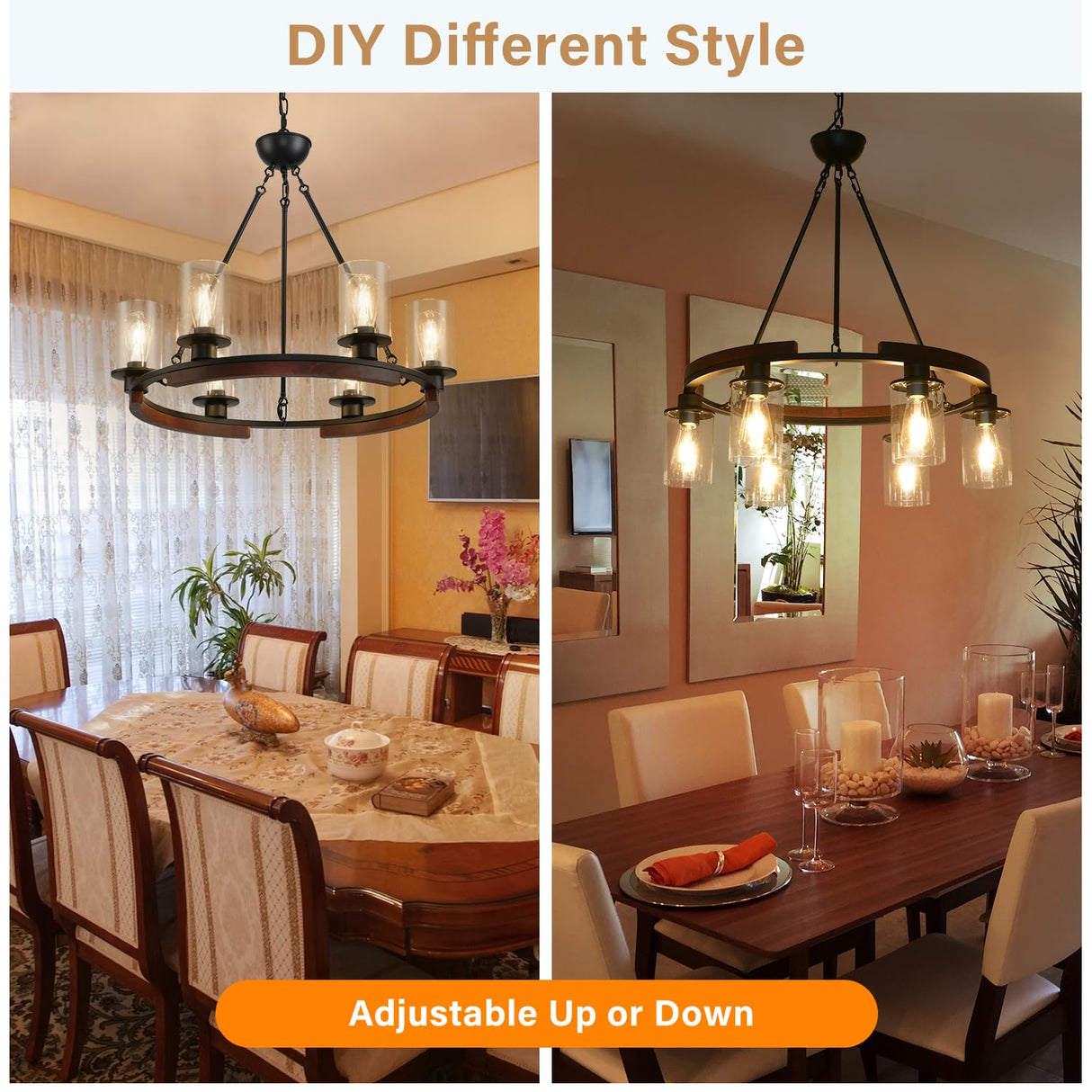 28 Inch Wagon Wheel Chandelier with Glass Shade, 6-Light Farmhouse Wood Large Round Chandeliers for Dining Room Pendant Light Fixture for Living Room Bedroom Kitchen Island Foyer Entryway GRUSTRUST