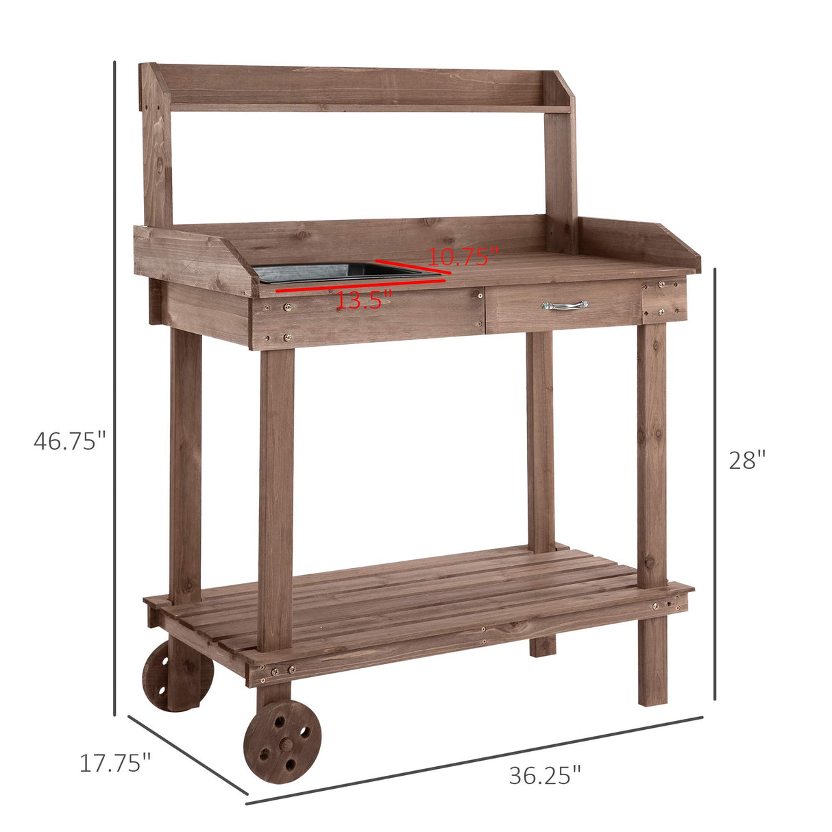 Outsunny 36'' Wooden Potting Bench Work Table with 2 Removable Wheels, Sink, Drawer & Large Storage Spaces, Brown Outsunny