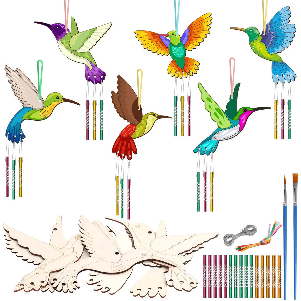 6 Pack Hummingbird Wind Chime Kit for Kids to Paint Make You Own Spring Wind Chimes Wooden Art Arts and Crafts Bird Ornaments Spring Smmer Party Decoration for Kids and Adults BAPHILE
