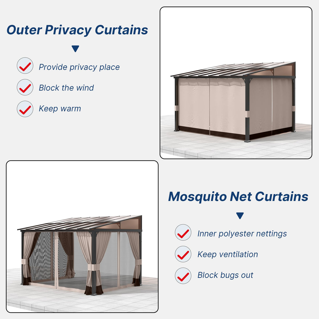 Gotland 10FTx12FT Outdoor Wall-Mounted Hardtop Pergola, Metal Frame Gazebo with Sloping Sun Panel Roof and Double Curtains for Patio, Garden, Lawn, Khaki Gotland