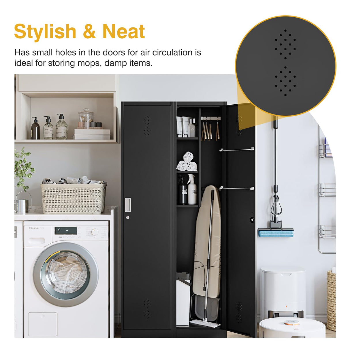 Broom Closet Storage Cabinet Metal Cleaning Tool Cabinet Janitorial Utility Cabinet Cleaning Supplies with Locking Door Broom Rack Shelf for Broom mops Garage Storage 71" Black STANI