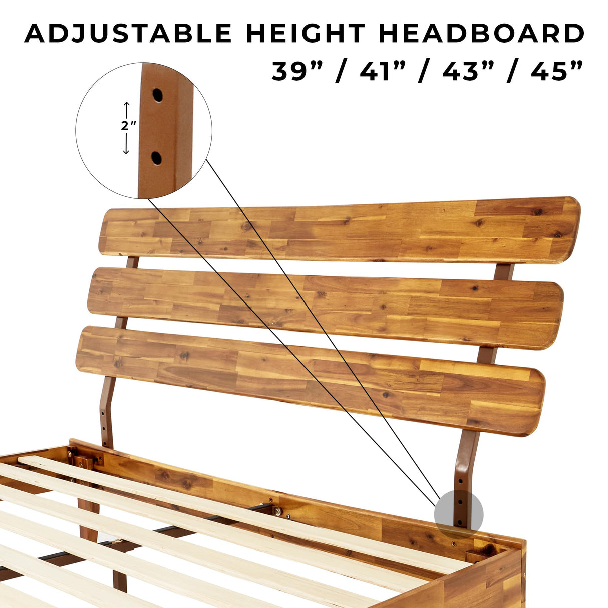 Bme Caden 15-Inch Adjustable Headboard Queen Bed Frame - Mid-Century Retro Acacia Wood, No Box Spring Needed Bme
