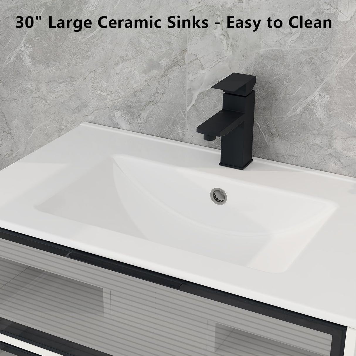 YOURLITE 30” Floating Bathroom Vanity with Sink Combo, Modern Wall Mounted Cabient with 2 Glass Doors Drawers Storage, Undermount Bathroom Ceramic Sink & Soft Closing Doors & Black Faucet YOURLITE