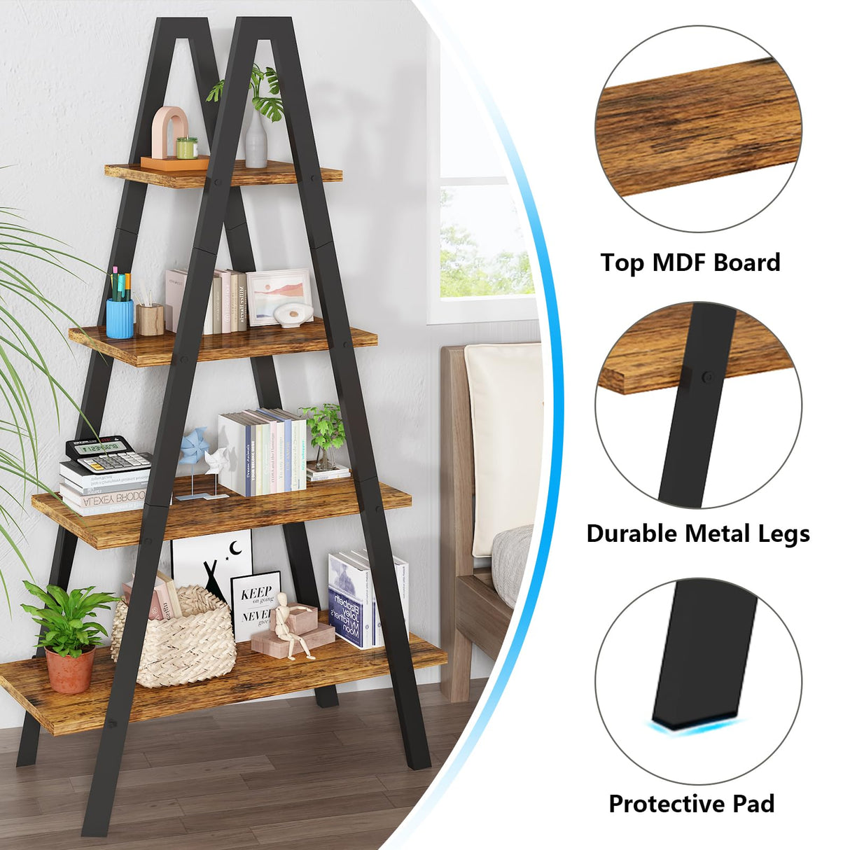 4-Tier Industrial Bookshelf with Metal Frame by Recaceik - For Home Office and Living Room Recaceik