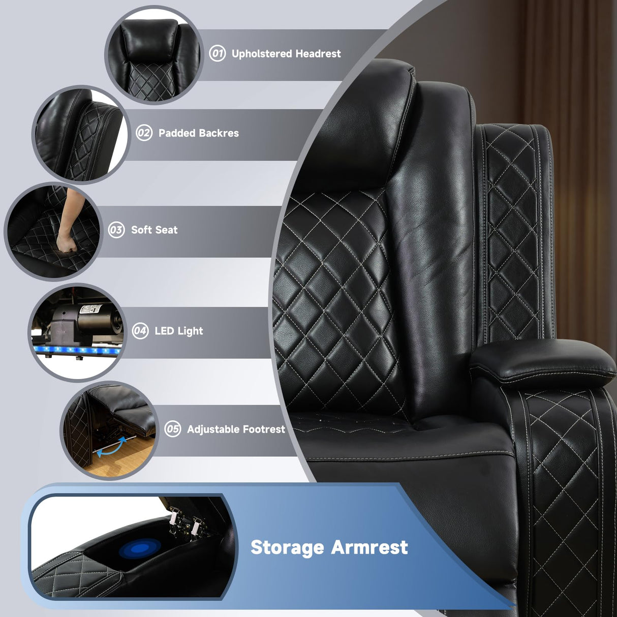 PU Leather Power Wall Hugger Chair Double Reclining Sectional Sofa 3-Seater Loveseat Couch with Reversible Coffee Table, Wireless Chargers, USB Port and Ambient LED Light for Living Room RV Theater NicBex