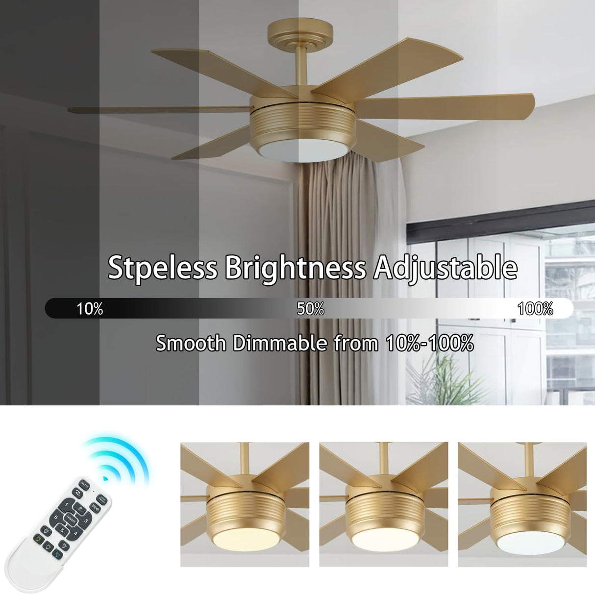 42 Inch Ceiling Fan with Lights and Remote, 6 Blade App Control Timer Reversible Stepless Brightness and Color Temperature Outdoor Wood Ceiling Fan with Lights (Gold, 42 Inch) SHOWDI