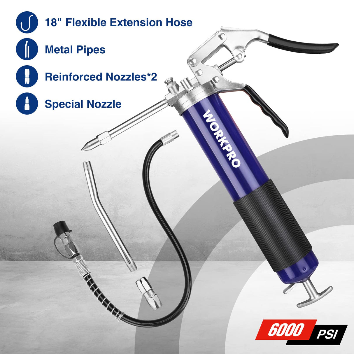 WORKPRO Grease Gun Kit, 6000PSI Heavy Duty Grease Gun with 18inch Flexible Hose, 2 Fixed Tubes and 3 Nozzles, 14oz Load WORKPRO
