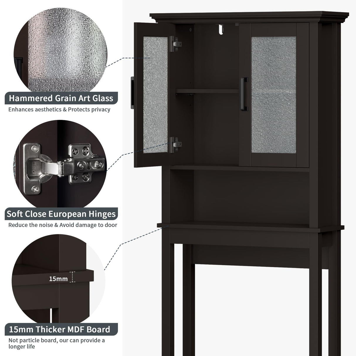 Baztin Over The Toilet Storage Cabinet, Over Toilet Bathroom Organizer with Glass Doors and Adjustable Shelf, Thicken Frame Above Toilet Storage Cabinet Behind Toilet Bathroom Organizer, Espresso Baztin