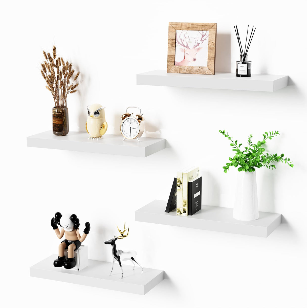 Bellsal Floating Shelves for Wall, White Engineered Wood Wall Shelf Set of 4, 16" Wall Mounted Floating Shelf for Kitchen, Living Room, Bedroom, Bathroom Storage, Book Shelf for Walls Home Decor Bellsal