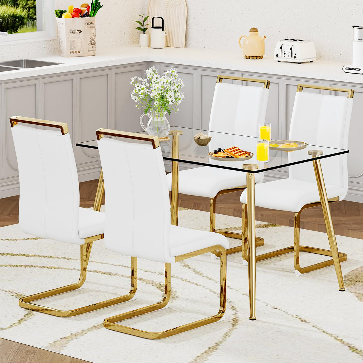 Ebullient Glass Dining Table Set for 4,5 Piece Dining Table and Chairs Set,Modern Kitchen Dining Room Table with 4 White PU Leather Dining Chairs,0.31” Tempered Glass Table Top with Gold Metal Legs Ebullient