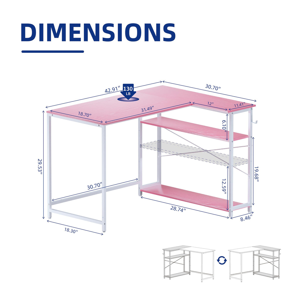 Pamray 43 Inch L Shaped Computer Desk with Reversible Side Storage Shelves, Small Corner Desk for Small Space Home Office,Writing Study Table PC Desk for Bedroom,Pink with White Leg Pamray