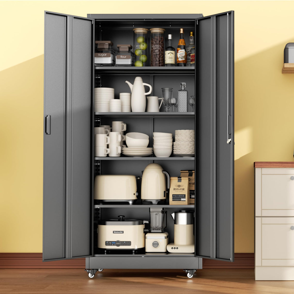 INTERGREAT Metal Storage Cabinet with Wheels, 73" H Rolling Metal Cabinets with Doors and Shelves, Black Steel Lockable Cabinet on Wheels for Garage Storage INTERGREAT