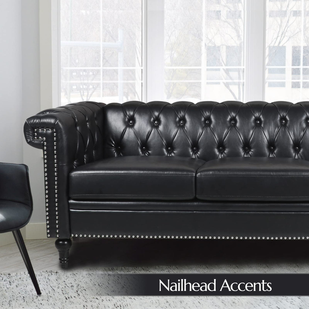 Vaztrlus Chesterfield Sofa Black Faux Leather Couches for Living Room, Deep Seat Comfy 3-Seater Oversized Couch Button Nailhead Tufted Classic Couches for Bedroom, Office Easy to Assemble Vaztrlus
