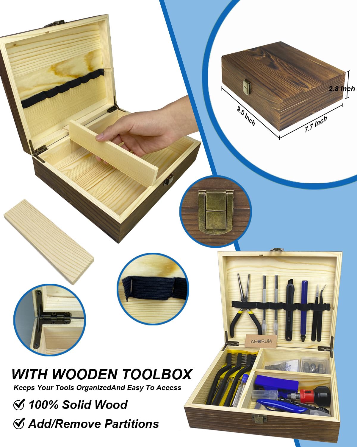 AEORUM 3D Printer Tools, 70 Pcs 3D Printer Accessories Kit with Wood Toolbox Includes 3D Printer Nozzle Cleaning Kit, Deburring Tool,Tube Cutter for 3D Printer AEORUM