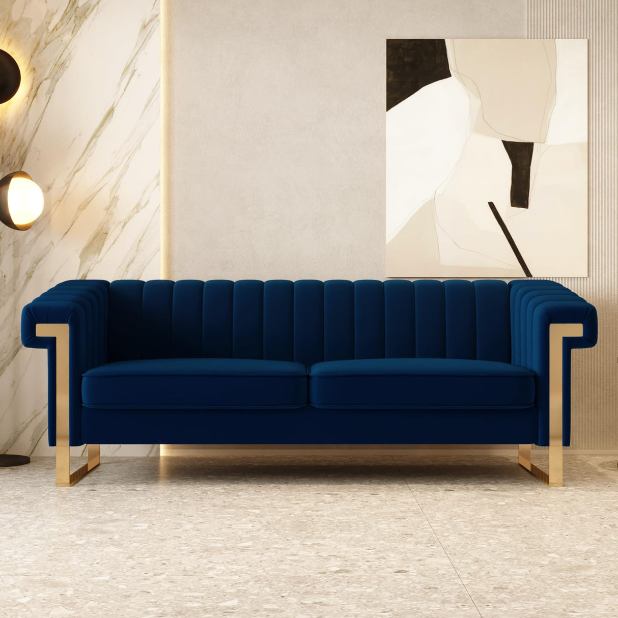 yunqishi Mid-Century Modern Blue Velvet Sofa with Gold Metal Legs, 83.86" Luxury Chesterfield Comfy Couches for Living Room (Velvet, Blue) yunqishi