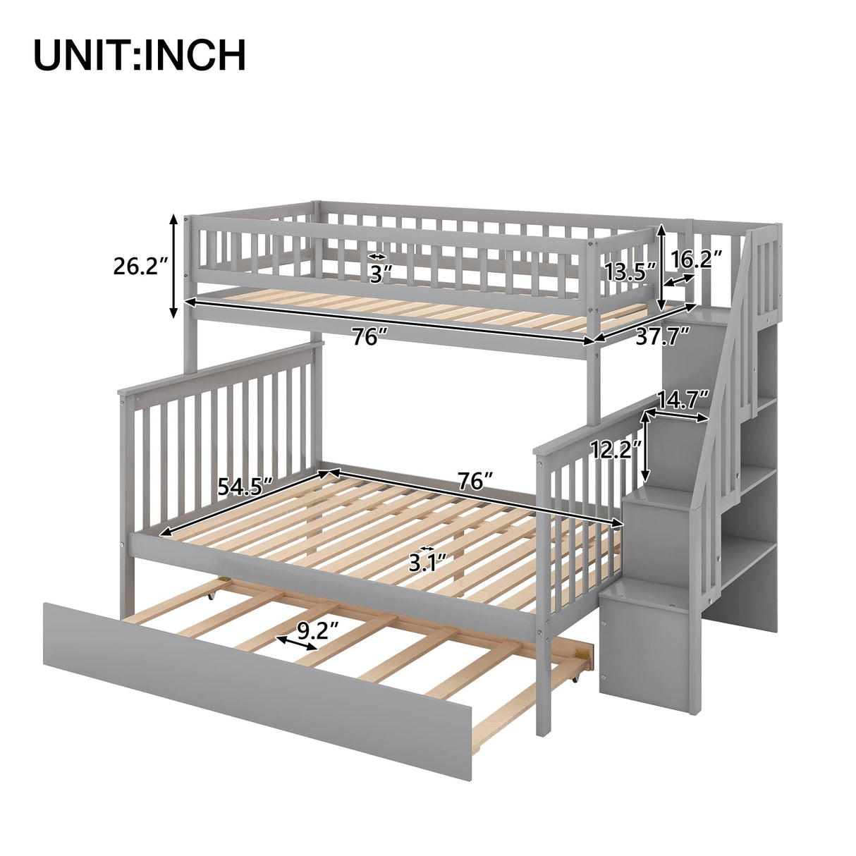 Harper & Bright Designs Twin Over Full Bunk Beds with Trundle, Bunk Beds with Stairs and Storage Shelf,Wood Bunk Beds with Full-Length Guard Rail for Kids, Gray Harper & Bright Designs
