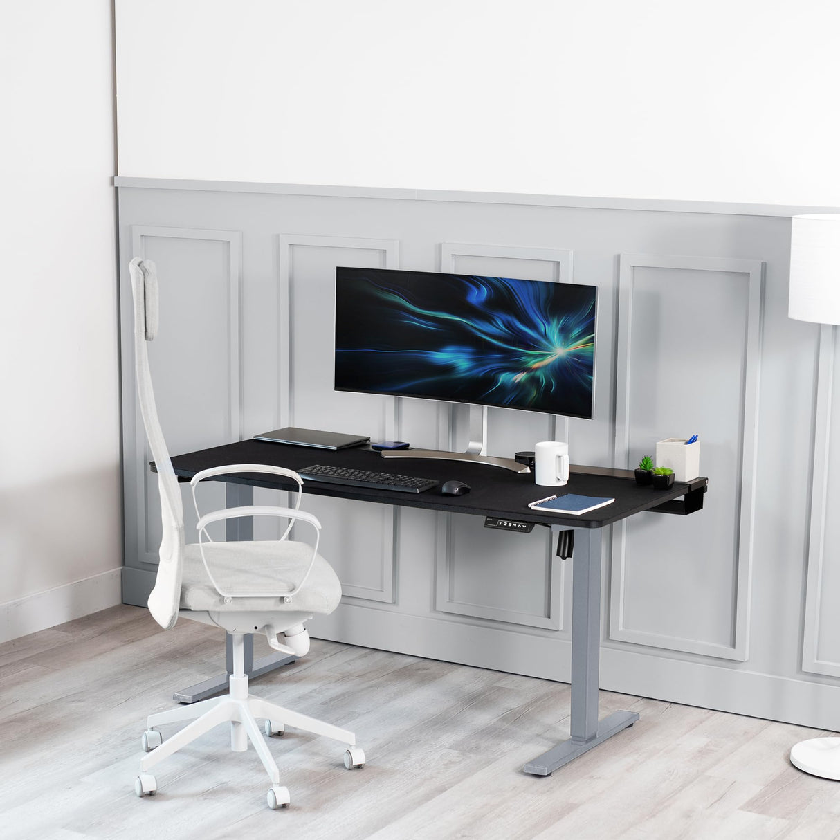 VIVO Electric Height Adjustable 60 x 30 inch Memory Stand Up Desk, Black Table Top with Built-in Concealed Cable Trays and Full-Size Pad, Gray Frame, VIVO