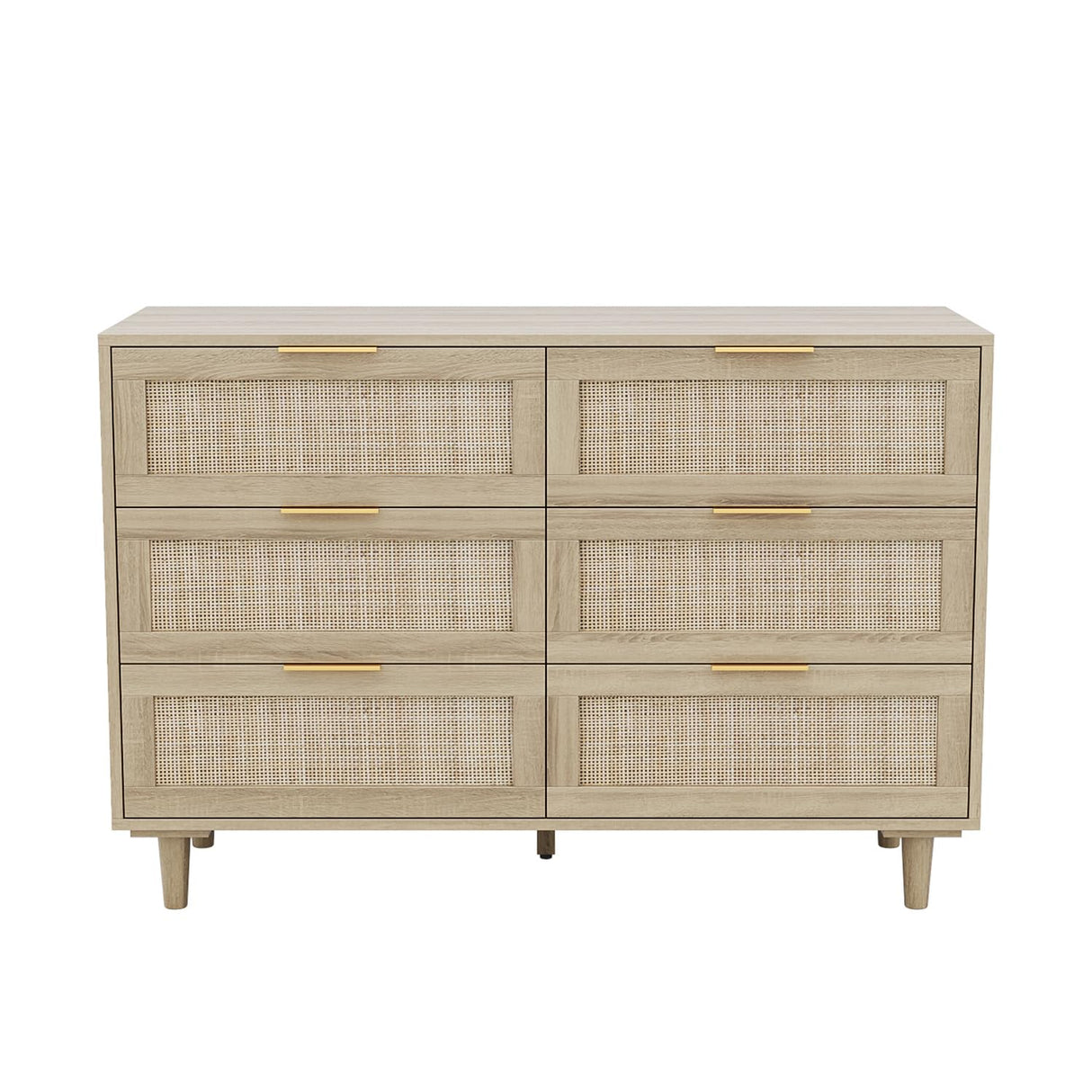 Angel Sar Rattan Dresser for Bedroom, 6 Drawer Wide Dresser, Boho&Farmhouse Chest of Drawers, 43" Clothes Storage Cabinet, Metal Handle&Wood Legs for Hallway, Living Room, Bedroom, Wood Angel Sar