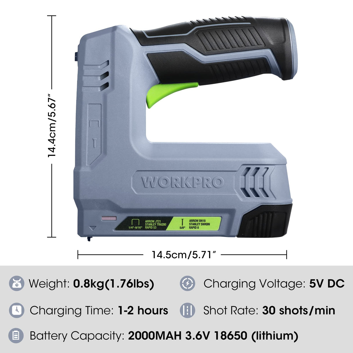 WORKPRO 3.6V Power Electric Cordless 2-in-1 Staple and Nail Gun, 2.0Ah Battery Powered Stapler for Upholstery, Crafts, DIY, Including USB Charger Cable, 2000PCS of Staples and Nails, Grey WORKPRO