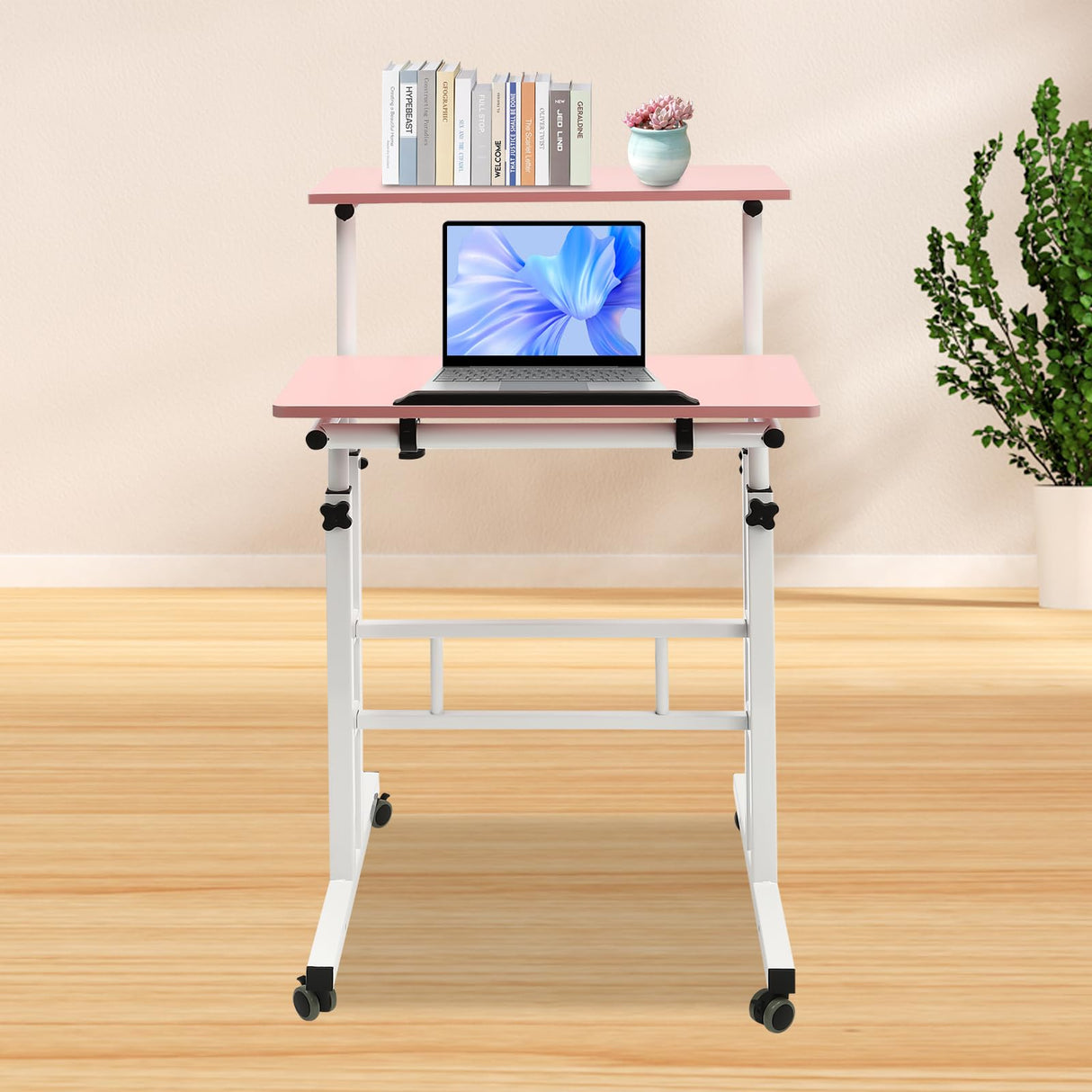 Kreiaoer Height Adjustable Table, Small Adjustable Standing Desk with Wheels Home Office Workstation, Portable Rolling Desk Laptop Cart for Standing or Sitting (Pink) Kreiaoer