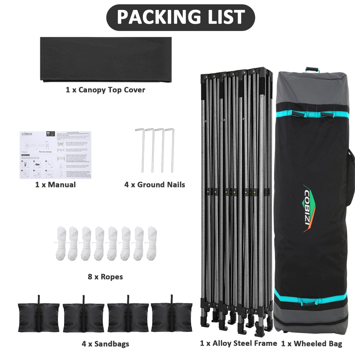 COBIZI 10x30 Pop Up Canopy Without Sidewall,Heavy Duty Canopy UPF 50+ All Season Wind Waterproof Commercial Outdoor Wedding Party Tents for Parties Gazebo with Roller Bag(10 x 30 ft Black) COBIZI