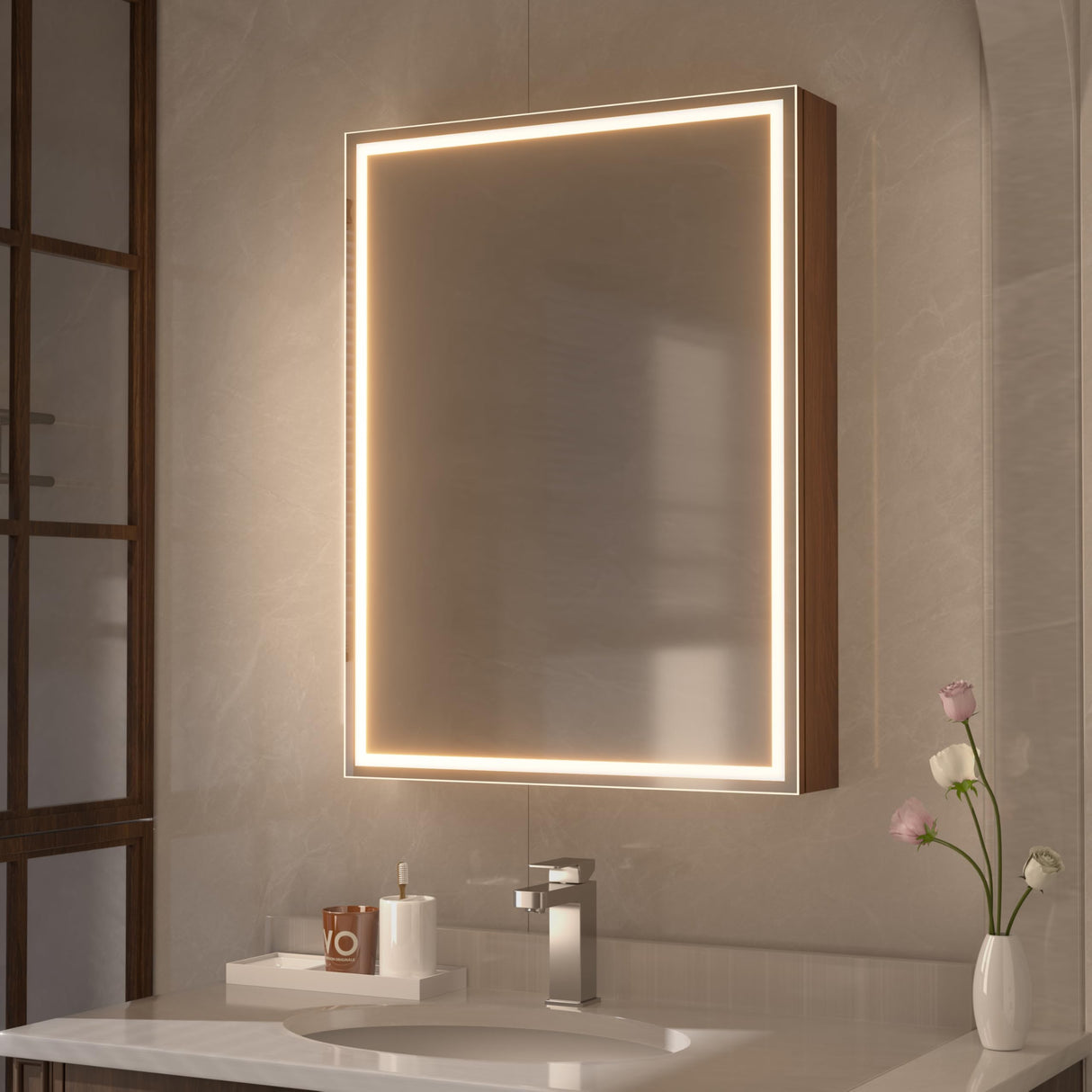 Réflexon 28x20 inch LED Lighted Medicine Cabinet with Mirror, Moisture-Resistant Wood, Stepless Dimmable, 3000K/5500K, Defogger, Adjustable Shelf, Flat-Pack Design – Assembly Required (Walnut) Réflexon