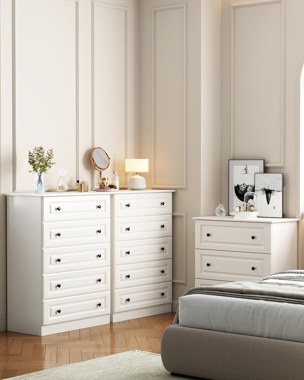 White 5-Drawer Tall Dresser with Wood Top, Modern Storage Tower for Bedroom, Closet, Living Room, Entryway, Hallway Seeday