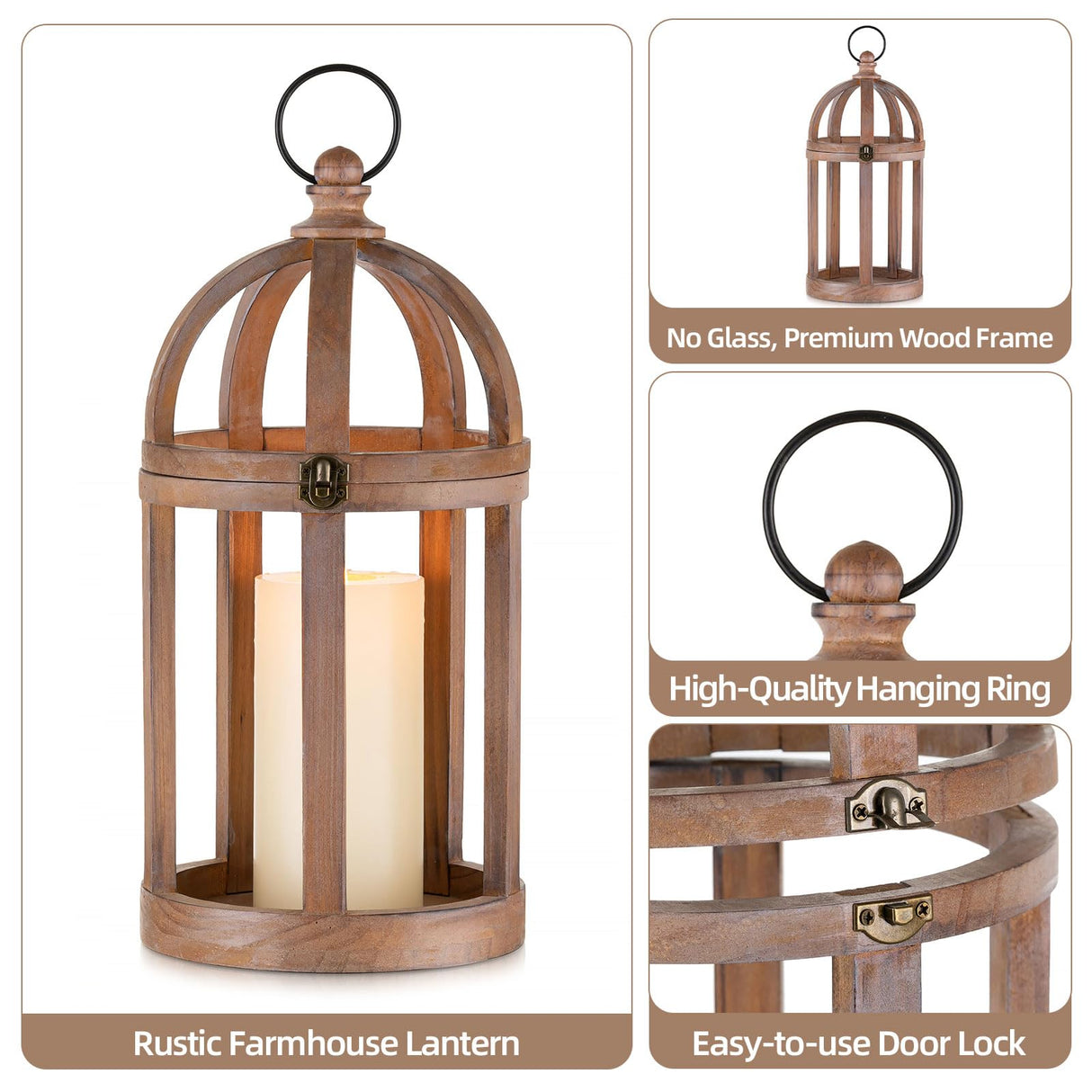 Staymoment Farmhouse Lantern Decor Set of 2 - Indoor Rustic Wooden Lanterns Decorative Candle Holder for Table Centerpiece Fireplace Mantle, 13" & 10" Hanging Home Decor, Brown Staymoment