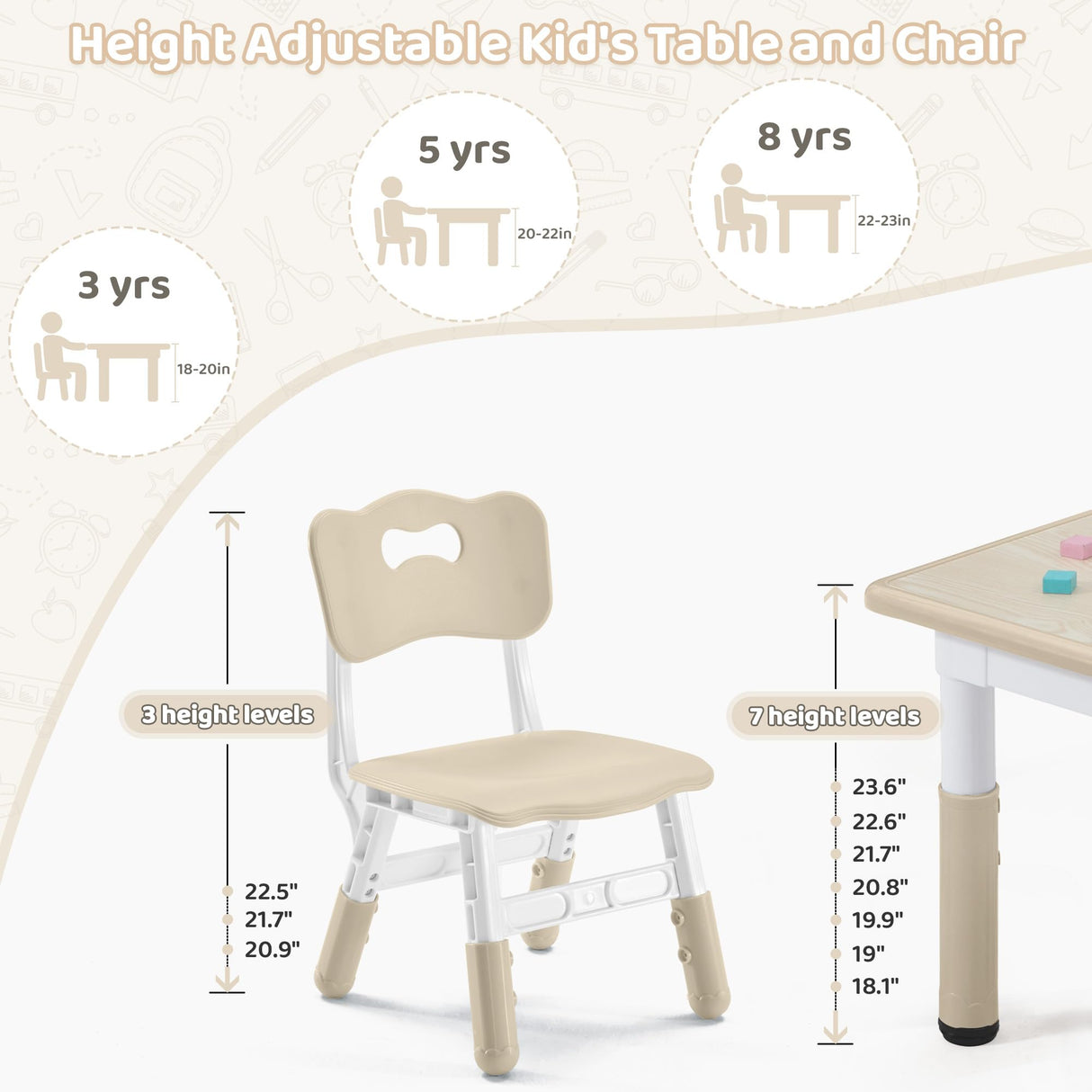 SwemDec Kids Table and 2 Chairs Set, Children Multi-Activity Toddler Table and Chair Set with Graffiti Tabletop for Ages 3-8, Height-Adjustable Kids Study Desk for Classroom/Daycare/Home SwemDec