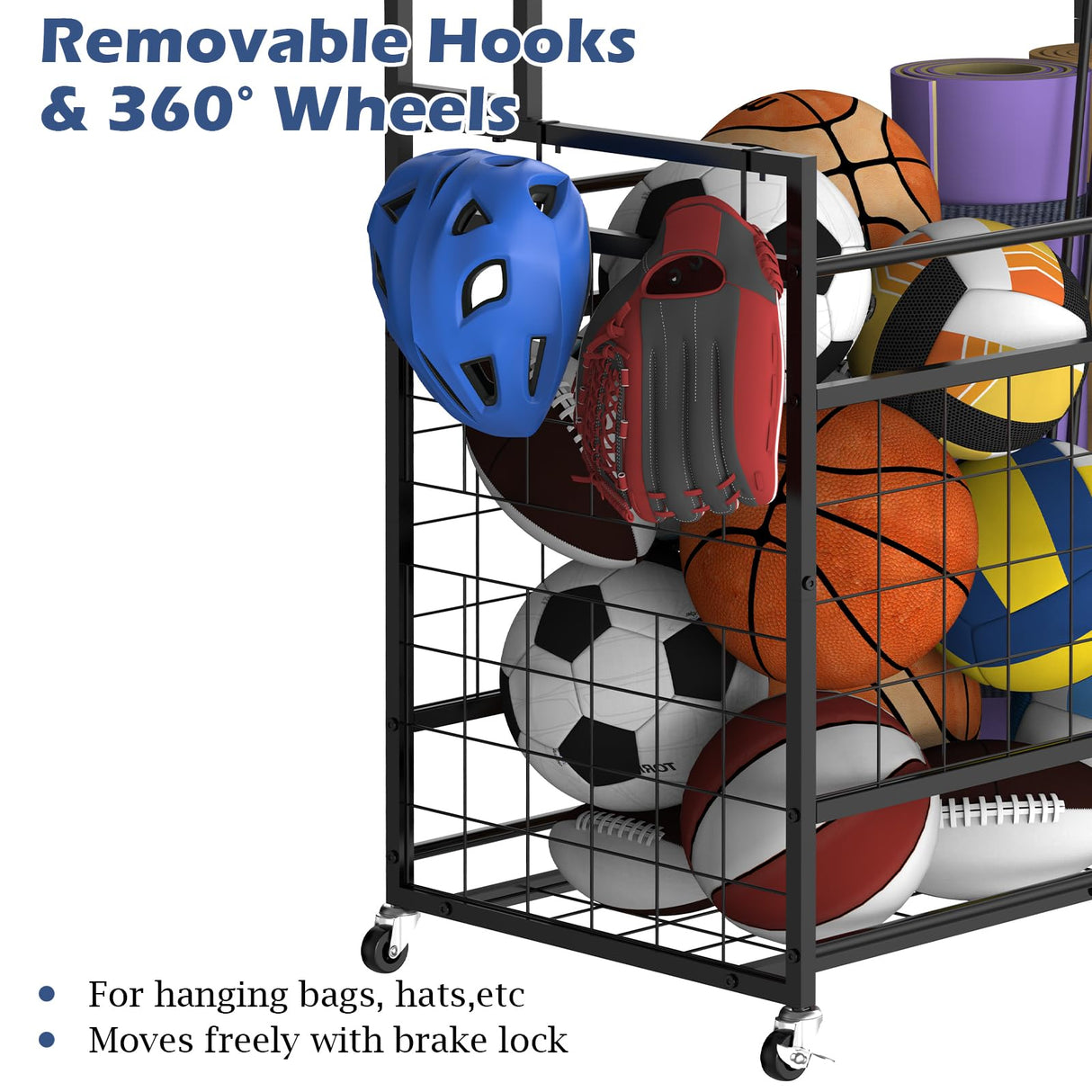 Sports Equipment Organizer Garage Basketball Ball Holder for Sports Gear and Toys Garage Ball Storage Rack Cart with Wheels and Hooks for Volleyball Football Basketball, Indoor/Outdoor, Black smusei