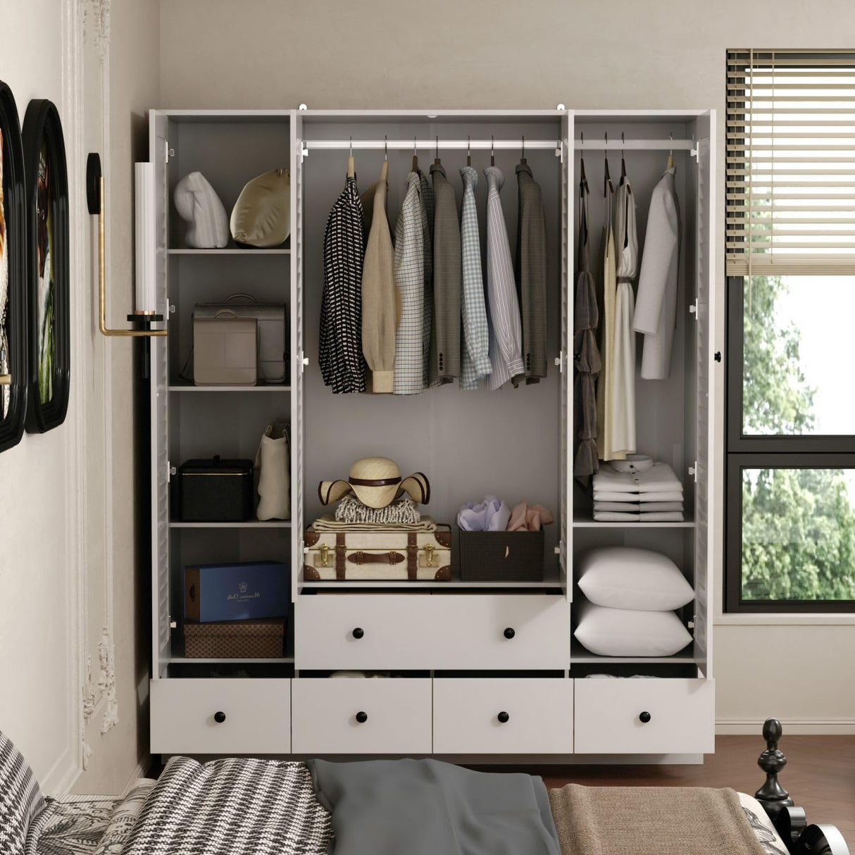 MOUMON 4 Shutter Door Wardrobe Armoire Closet with Shelves and Drawers, Armoire Wardrobe Closet with 2 Hanging Rods, for Bedroom White (59”W x 19”D x 70.9”H) MOUMON