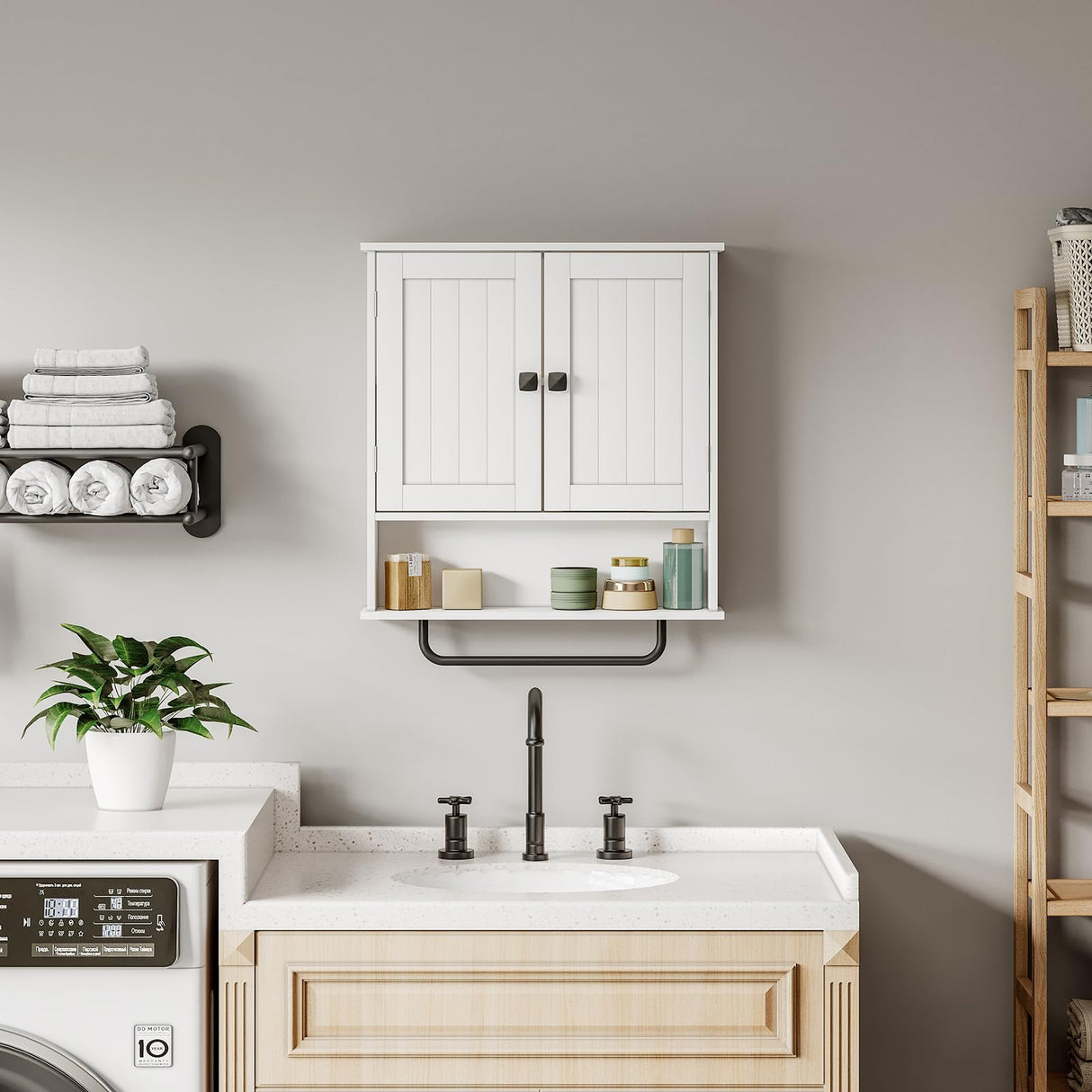 RRX Bathroom Cabinet Wall Mounted Medicine Cabinets with Towels Bar, Over The Toilet Storage Cabinet with 2 Doors and Adjustable Shelf, White Wall Cabinet for Bathroom Laundry Kitchen RRX