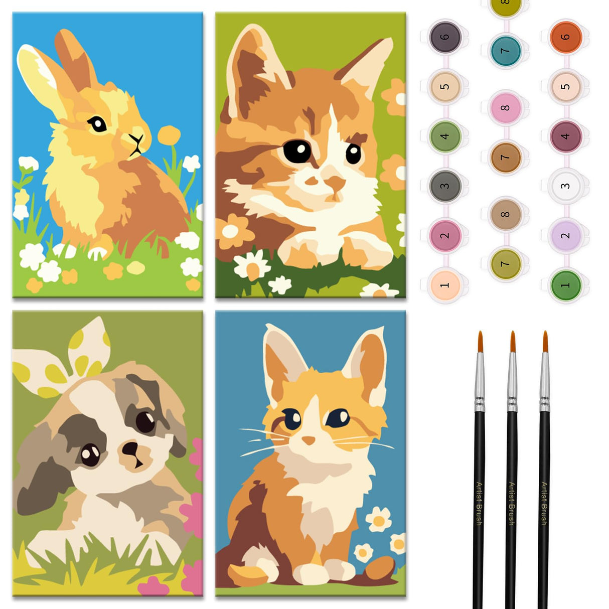 Nariolar 4 Pack Paint by Numbers Kit for Kids Ages 4-6 with 4.7X3.1inch Pre-Printed Cardboard,Acrylic Paint Pots and 3 Painting Brushes,Creative Gifts for Kids(Kitten and Rabbit Nariolar