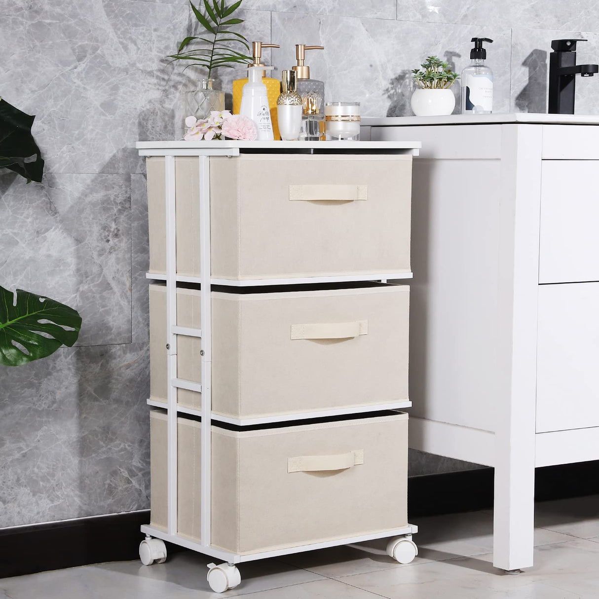 MAX Houser Dresser Tower with 3 Drawers for Bedroom, Fabric Storage Organizer Unit, Chest of Drawers with with WoodTop, Small Vertical Storage for Guest Room, Closet, Entryway, Nursery(Beige) MAX Houser