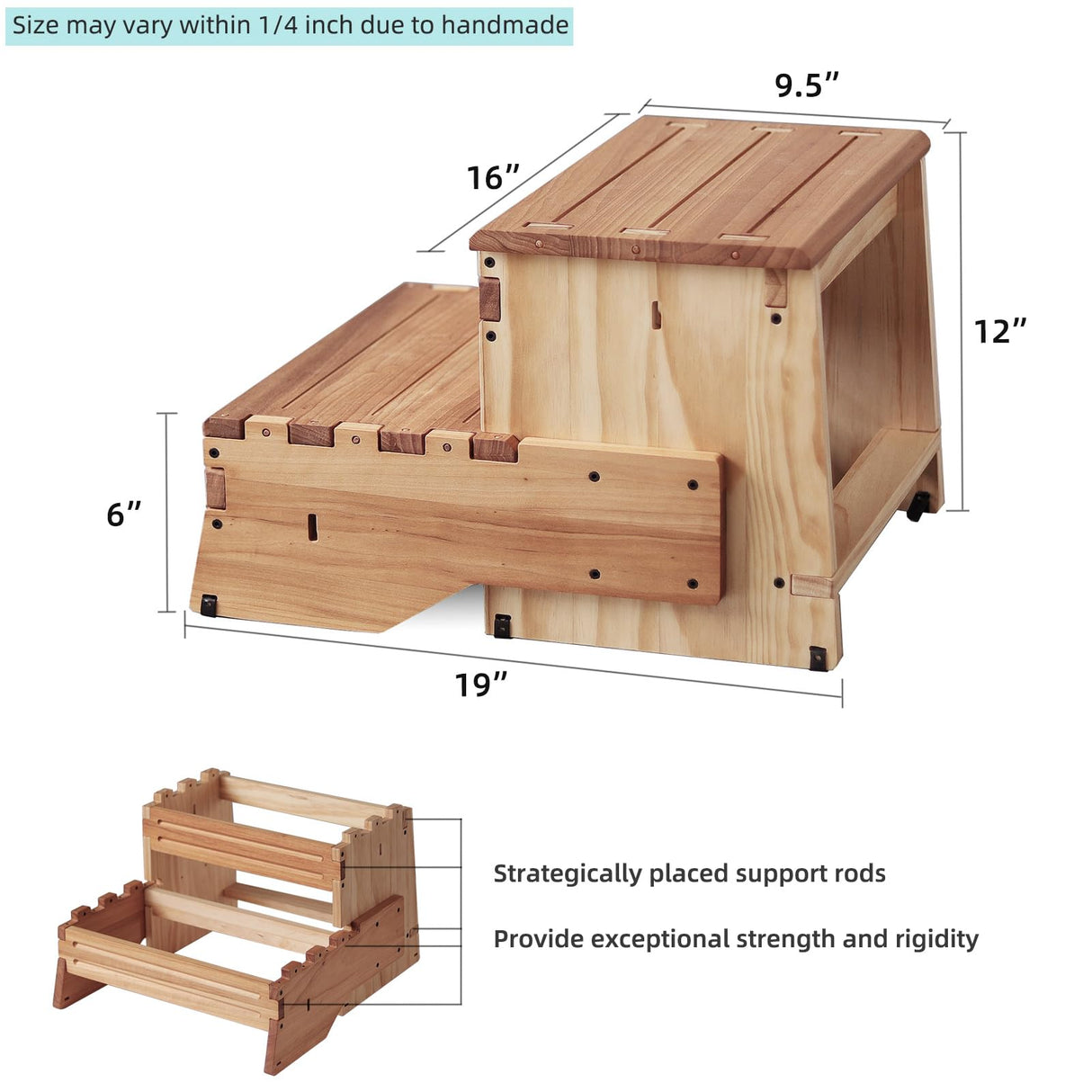 unununu 16" Wooden Two Step Stool for Adult & Kid, Wider, Deeper & Safer Bedside Steps, Anti-Slip. Riser 2-Step Spa & Hot Tub Stairs for Pool, Heavy Duty for Kitchen, Bathroom, Closet, High Bed Step unununu