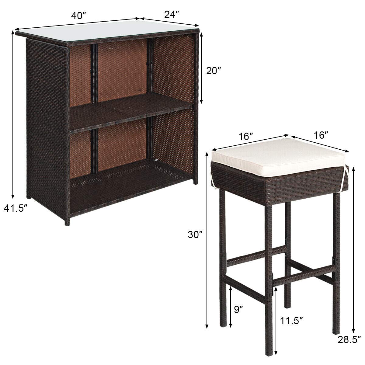 Tangkula Patio Bar Set, 3 Piece Outdoor Rattan Wicker Bar Set with 2 Cushions Stools & Glass Top Table, Outdoor Furniture Set for Patios Backyards Porches Gardens Poolside (Beige) Tangkula