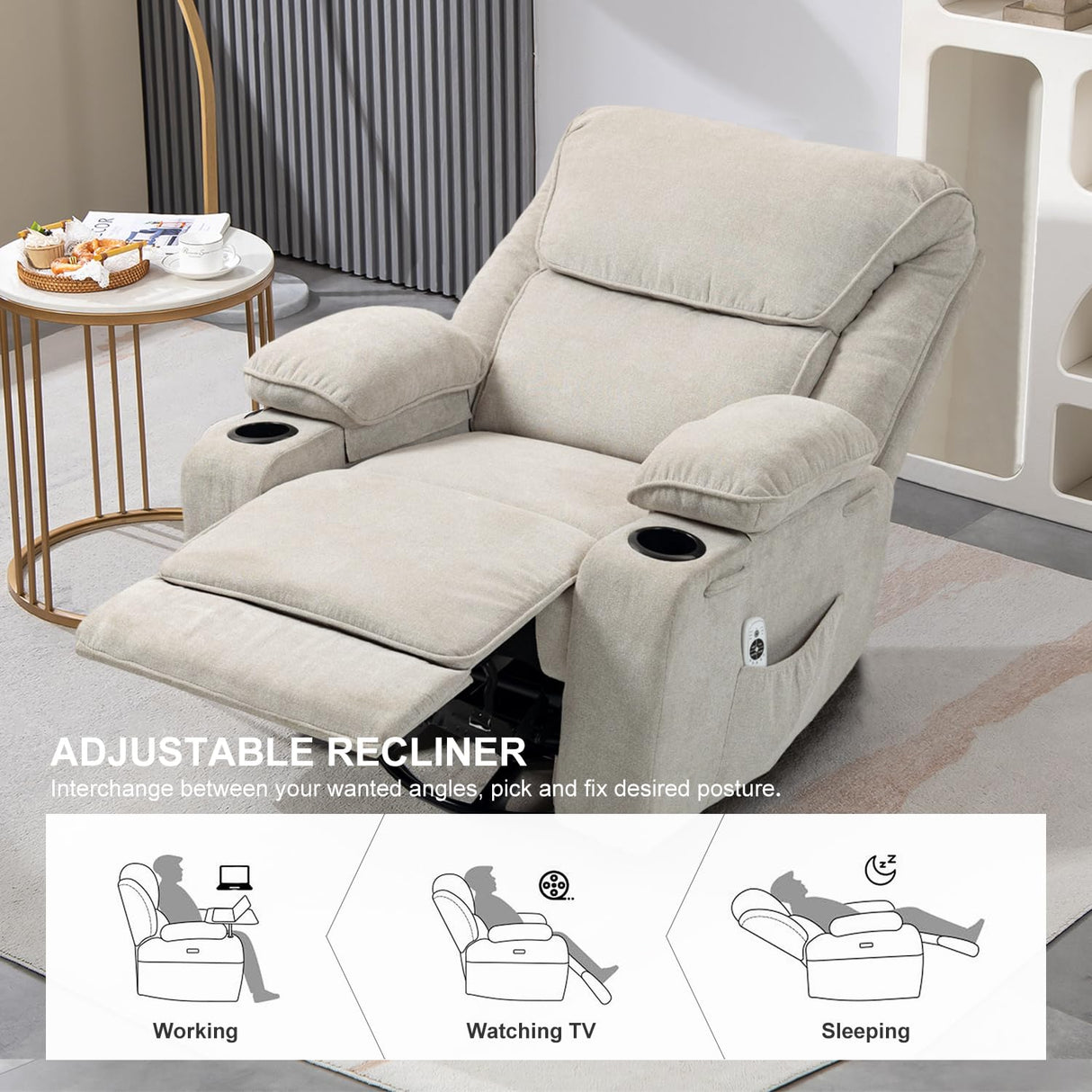 BRTHORY Rocker Recliner Chair with Massage and Heated, 360°Swivel Rocking Manual Recliner Chairs with Cup Holders Remote Control for Living Room (Gray Oatmeal) BRTHORY