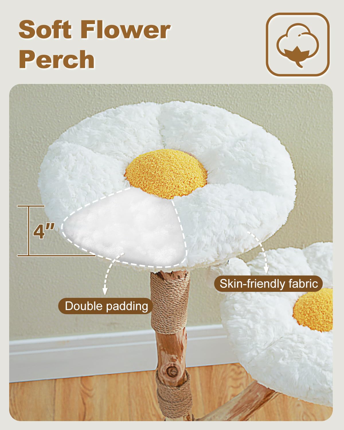 MUTTROS Wood Flower Cat Tree, Modern Cat Tower with Real Wood Branches, Luxury Boho Furniture with Scratching Post and 2 Perches, Cat Climbing Tower for Indoor Cats, Cloud White MUTTROS