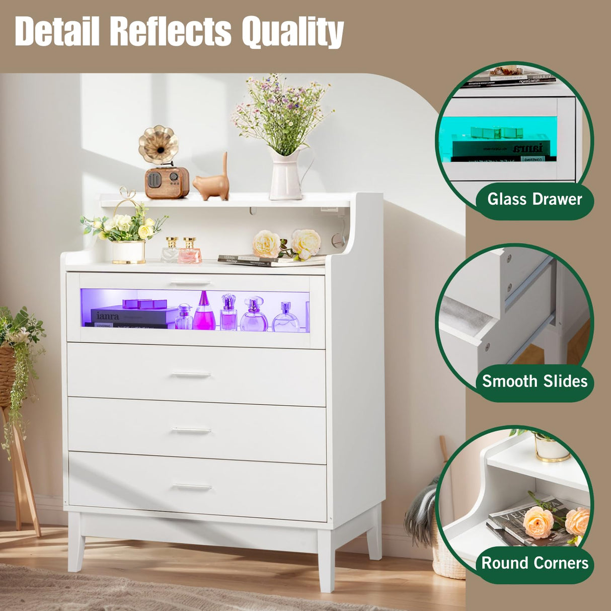 Karl home White Dresser for Bedroom, 4 Drawer Dresser with LED and Charging Station, Wooden Chest of Drawers with Shelf and Glass Drawer, Modern Bedroom Furniture, Living Room, Hallway Karl home