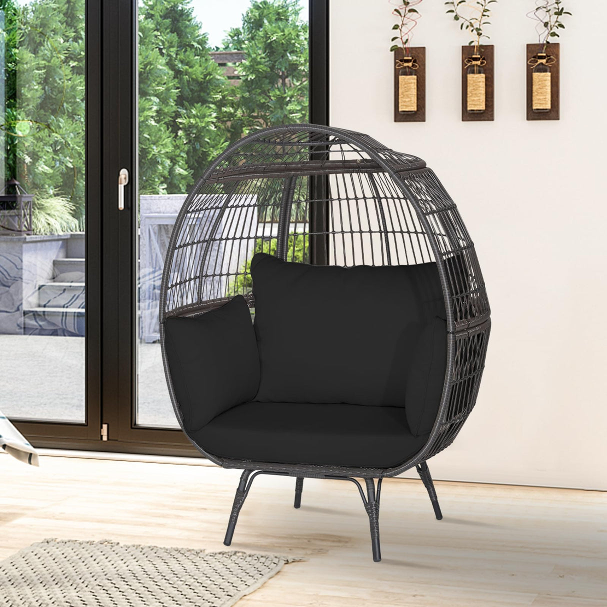 Tangkula PE Wicker Egg Chair, Patiojoy Oversized Indoor Outdoor Patio Lounge Chair with Cushions and Pillows, Steel Frame Basket Chair for Garden, Deck, Balcony, Living Room (Black) Tangkula