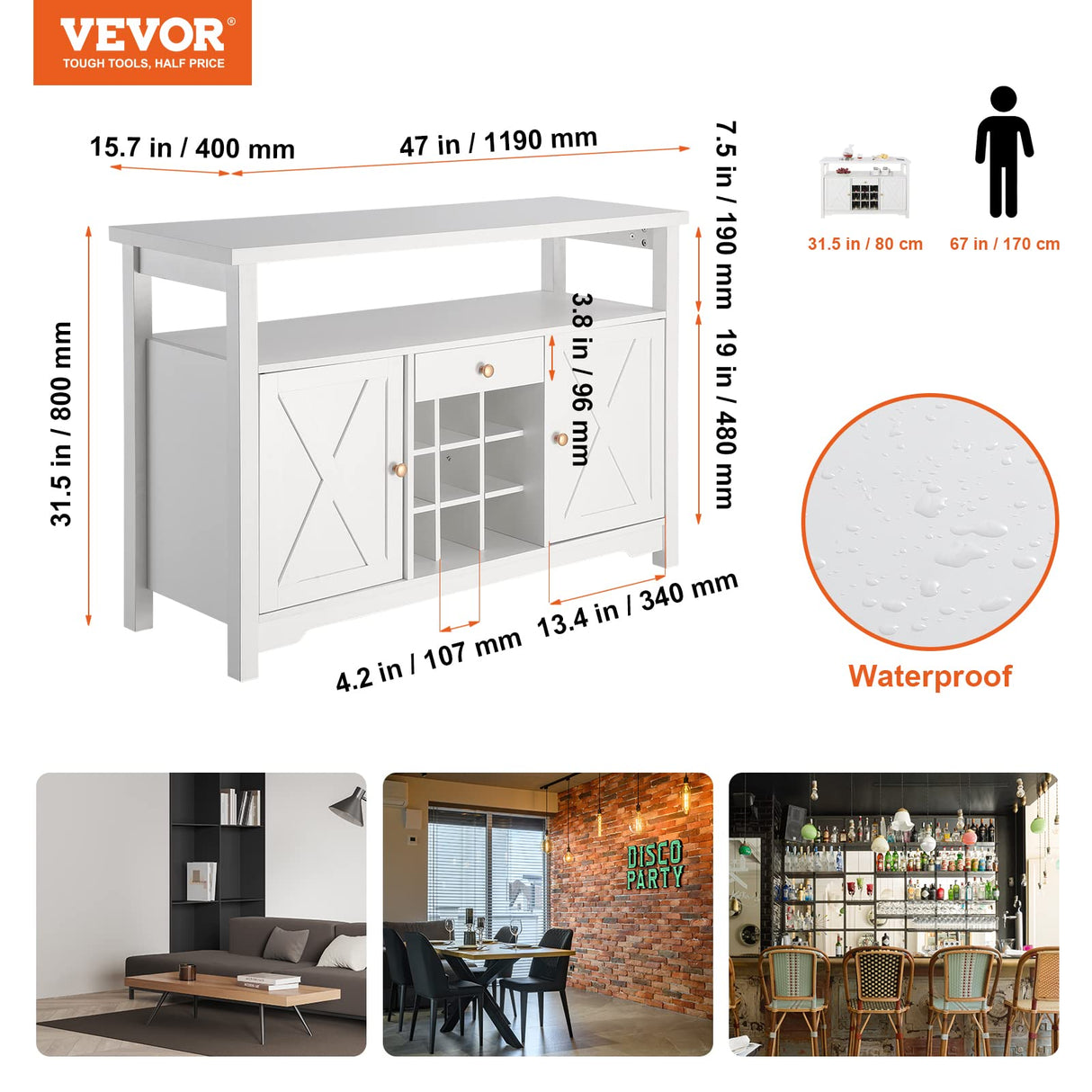 VEVOR 47 Inch Industrial Bar Cabinet, Wine Table for Liquor & Glasses, Sideboard Buffet Cabinet with Wine Rack, Freestanding Farmhouse Wood Coffee Bar Cabinet for Living Room, Home Bar, Kitchen White VEVOR