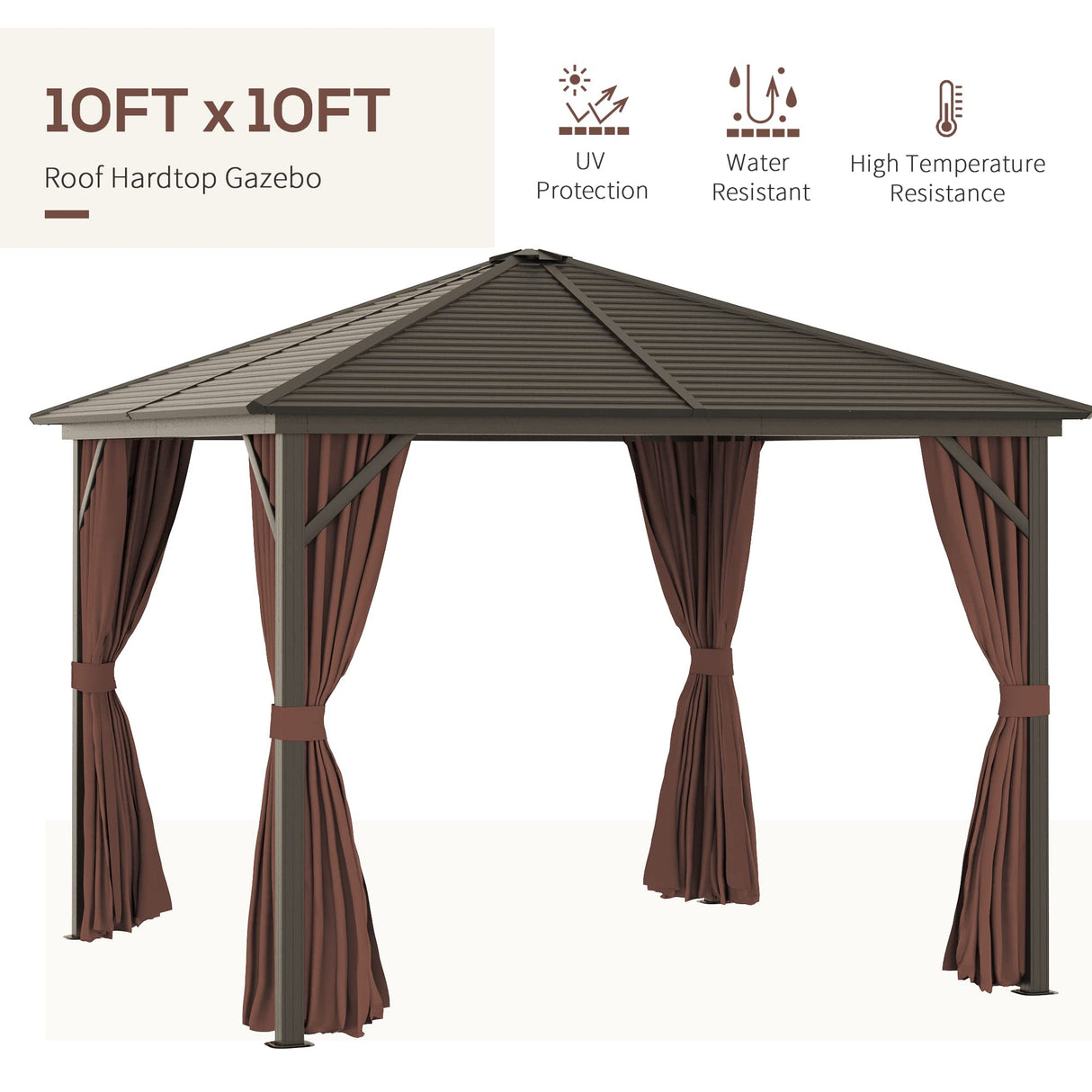 Outsunny 10' x 10' Hardtop Gazebo with Curtains and Netting, Permanent Pavilion Metal Single Roof Gazebo Canopy with Aluminum Frame and Hooks, for Garden, Patio, Backyard, Dark Brown Outsunny