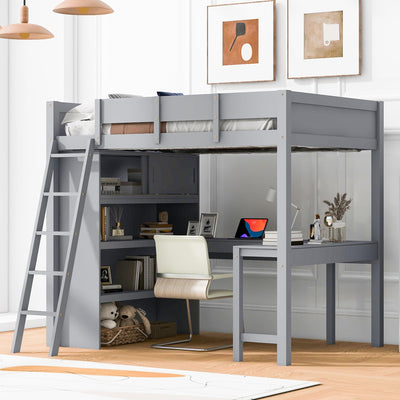 Ibraccieni Full Size Loft Bed with Desk and Shelves, Wood Loft Bed Frame with Ladders and Full-Length Guardrail for Adult, Space-Saving Design, No Box Spring Needed, Gray