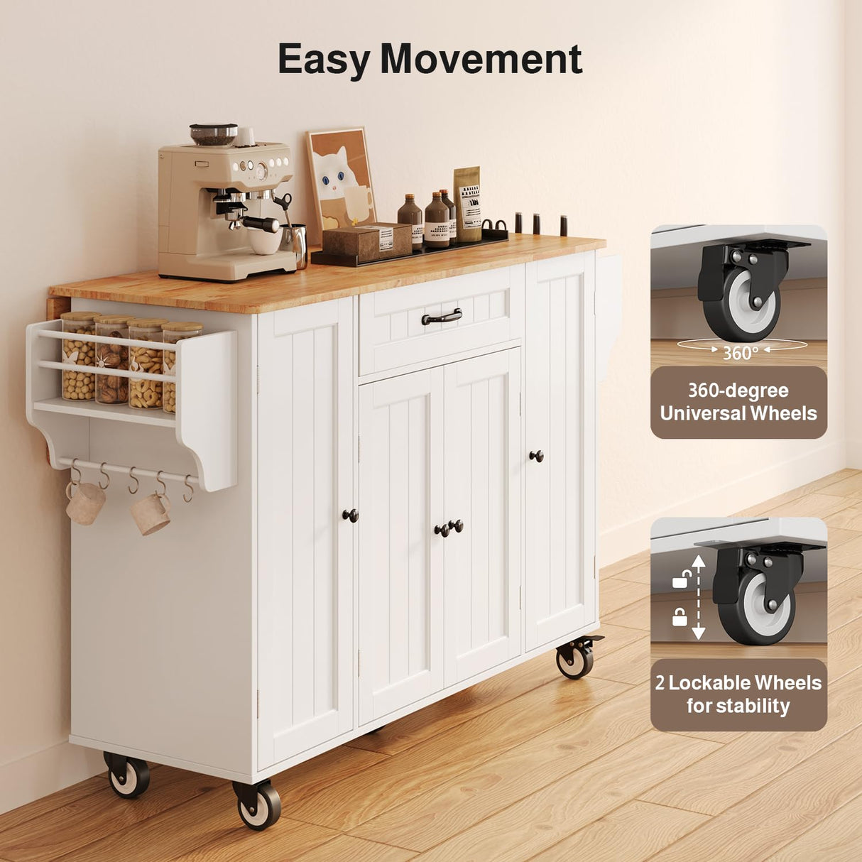 Ahomly Kitchen Island with Storage, 47.6" Rolling Kitchen Island on Wheels with Drop Leaf, Door Cabinet, Drawer, Spice Rack, Towel Rack and Knife Holder, Kitchen Cart Island Table for Kitchen, White Ahomly