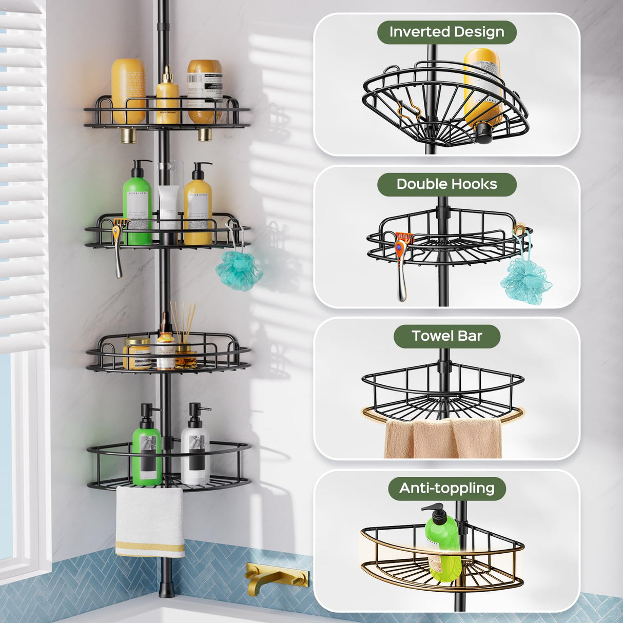 HAMITOR Shower Caddy Tension Pole: 4-Tier Rustproof Bathroom Corner Shelf Organizer for Renters - No Drill Large Shampoo Storage Rack - Adjustable 47-121 Inch - Space Saving Bathtub Accessory - Black HAMITOR