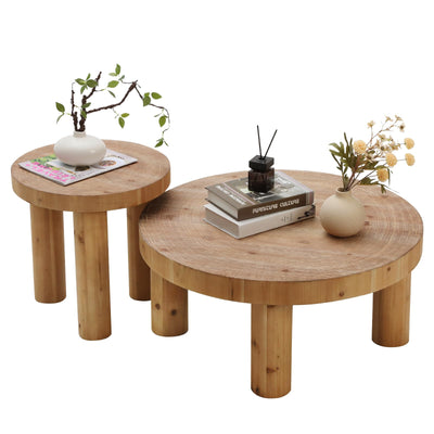 RUSTOWN 2-Piece Round Farmhouse Coffee Table, Rustic Coffee Table and End Table Sets, Circle Wooden Ring Finish with Solid Wood Legs, Center Table Set for Living Room (Natural)